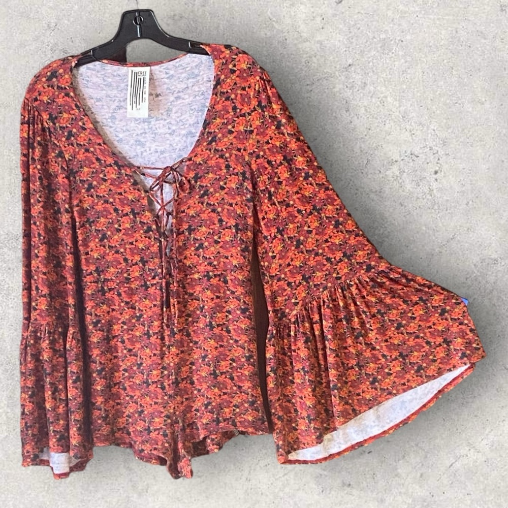 Free People Floral Bell Sleeved Jumpsuit Lace Up Front